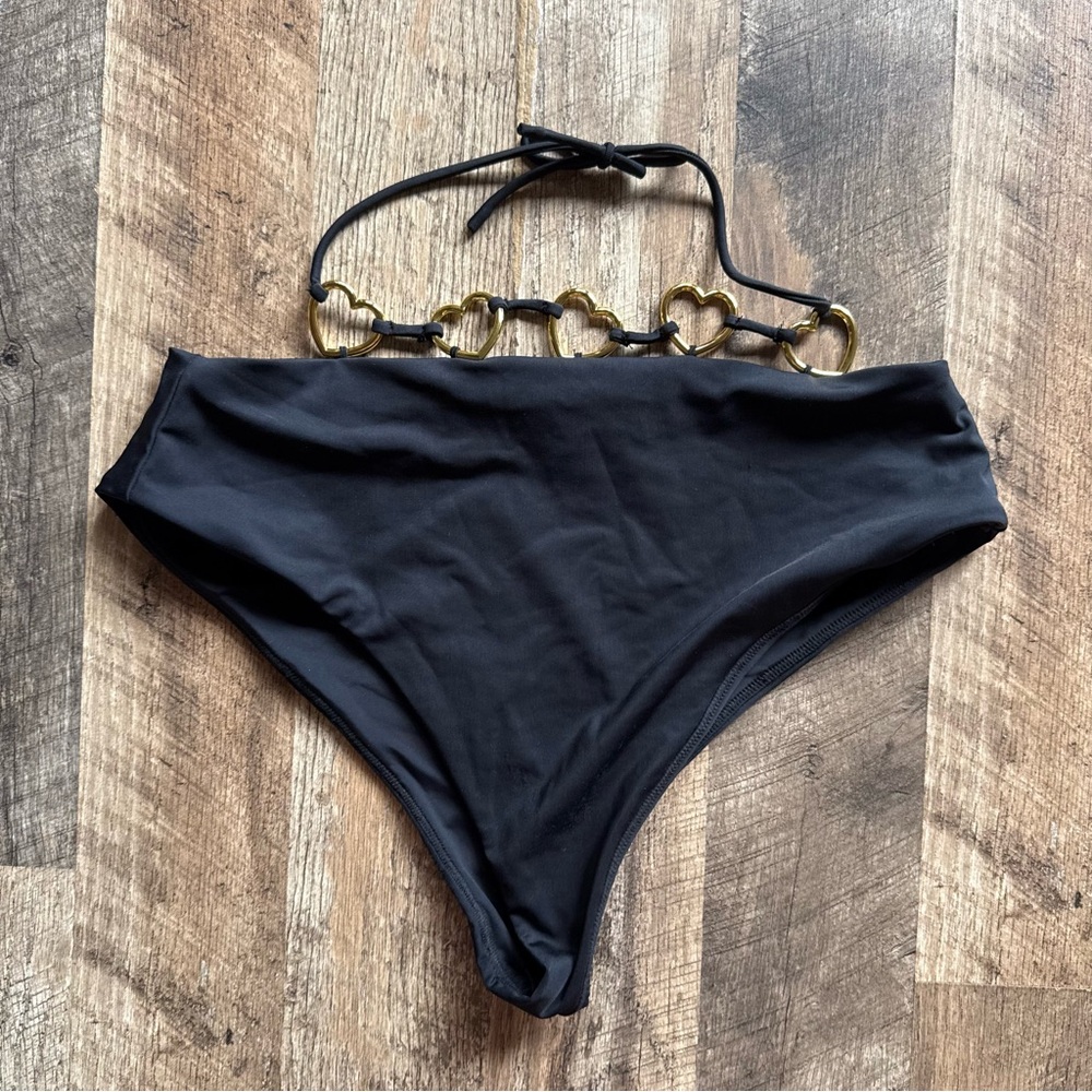 For Love And Lemons Black High-Waist Bikini Bottom with Gold Heart Links